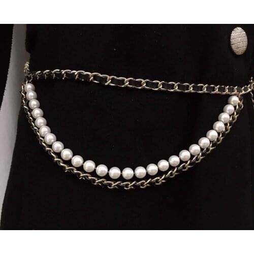 Fashion luxury brand designer party jewelry initial letter C chain pearl leather cord waistband belt