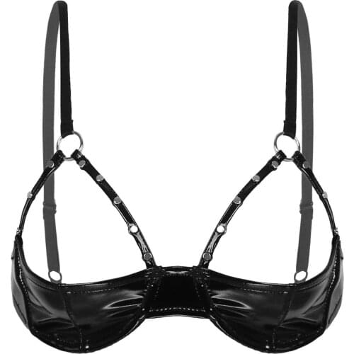 Sexy Black Lingerie Bra Shiny Patent Leather Cupless Bra with Rivet Strap and Underwire Erotic Hot Bra for Lingerie Night