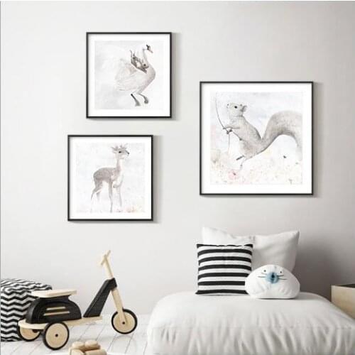 Nordic Modern Lovely Elk Hamster Swan Animal Cartoon Canvas Painting for Girls' Bedroom Childrens Room Wall Art Decor Poster