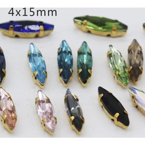 24-Color 4x15mm Navette Horse Eye Sew on Golden 4 Claw Button Rhinestone Crystal For Garment Jewelry wedding dress Shoe Bag Diy