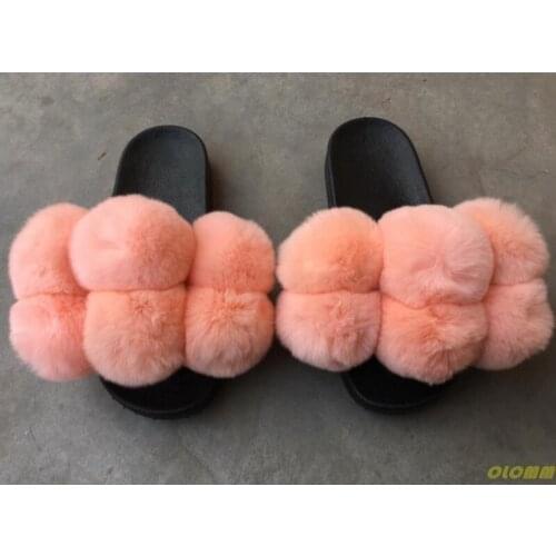 Natural Real Genuine Rabbit Fur Slippers Women Home Fluffy Sliders Comfort Furry Summer Flats Ladies Shoes Big Size 45