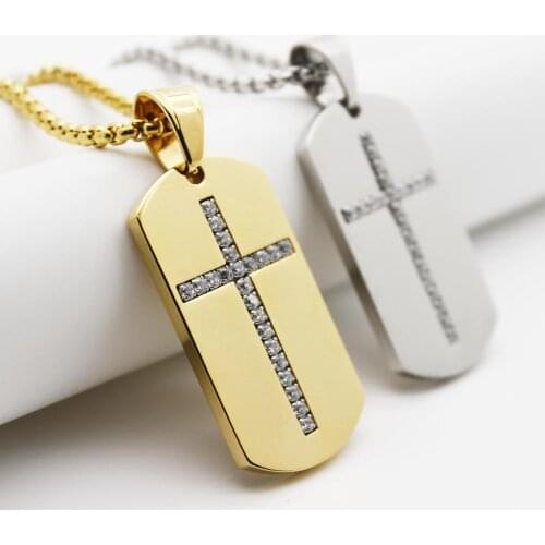 Trend Stainless steel Micro Paved Dog Tag Cross Pendant & Necklace For Men Iced Out Jewelry
