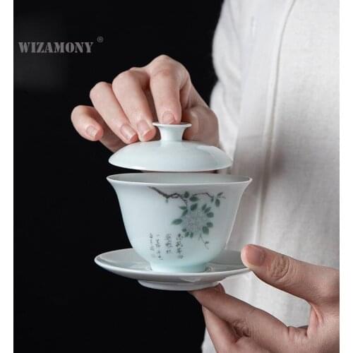 WIZAMONY Jingdezhen ceramic three-only cover bowl Kung Fu tea set hydrangea tea bowl Qing porcelain tea bowl teaware custom
