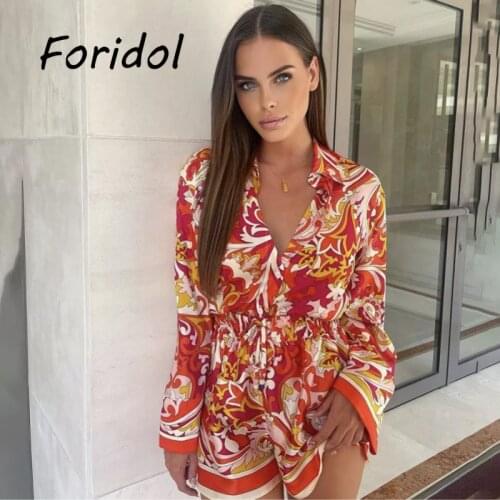 Floral Print Oversized Women Blouse Shorts Set Loose Casual Orange Boho Summer Autumn Suits Female Top Short Two Pieces Set