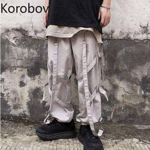 Korobov Women Wide Leg Pants 2020 Summer New Arrival High Waist Trousers Harajuku Ulzzang Ribbon Patchwork Joggers Femme