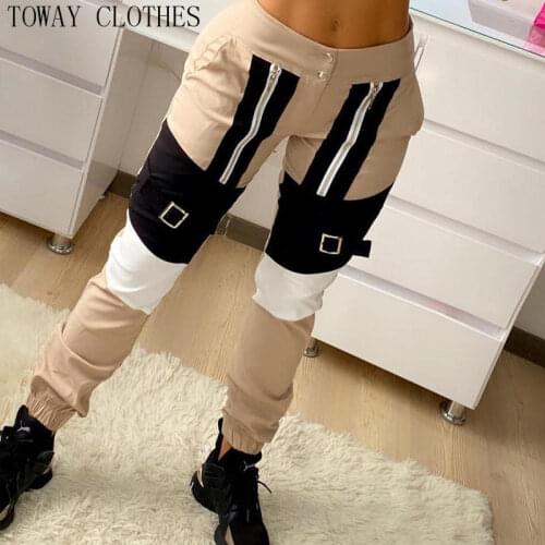 Women Buckle Zipper Design Colorblock Casual Cargo Pants