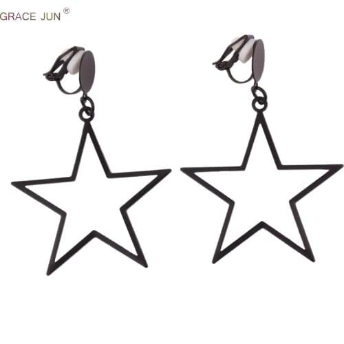 GRACE JUN Gold Color Black Color Big Star Geometric Clip on Earrings No Pierced for Women Party Needn't Ear Hole Earrings