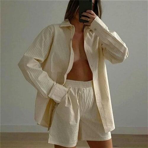 Womens 2 Piece Striped Tracksuit Set Casual Long Sleeve Button Shirt and High Waisted Shorts Set Y2K Streetwear