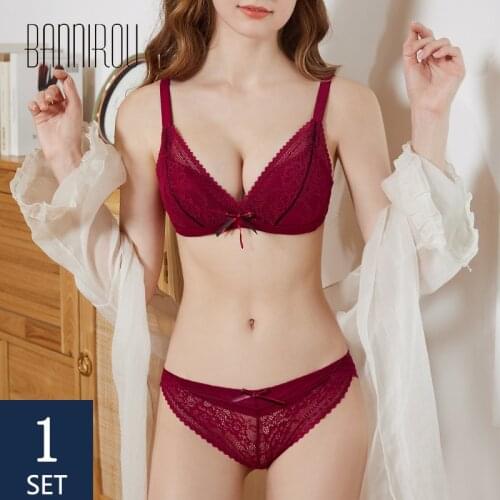 BANNIROU Womans Lingerie Sexy Lace Bra Brief Sets Bralette Active Wire Free Underwear For Woman Push Up Bow Bra Free Shipping