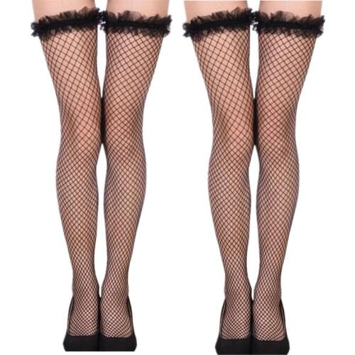 2 Pairs/lot Sexy Mesh Stockings Women Lace Top Sheer Stay Up Thigh High Stockings Ladies Black White Red Nylon Fishnet Stockings