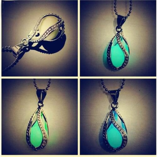 36pcs 2018 Glowing necklace Silver Plated Glow In Dark Locket Pierced Hollow Water Drop Handmade Fluorescent Pendant Necklace
