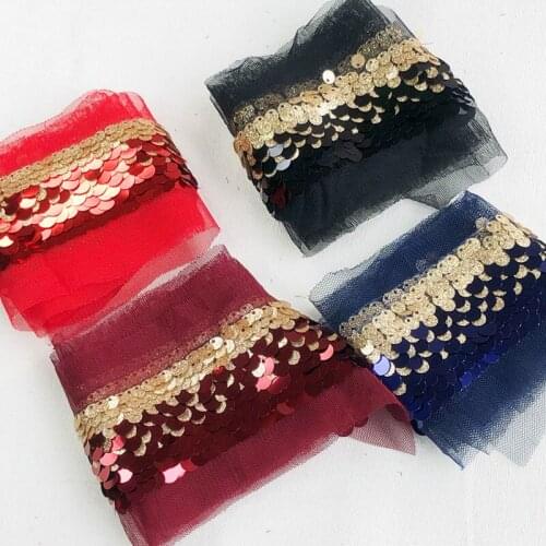 5Yards/lot Red Black Navy Blue Sequin Appliqued Lace Ribbon 3D Shiny Laser Spangle Braid Sequins Lace 5cm wide