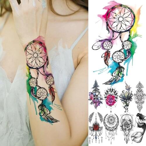 Watercolor Dreamcatcher Temporary Tattoos For Women Girls Henna Fake Jewelry Tattoo Pendant Feather Stickers DIY Arm Tattos