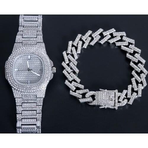 Hip Hop Bracelet +watch 1 Set Miami Cuban Chain Iced Out Paved Rhinestones CZ Bling Rapper Necklaces Chains for Men Jewelry