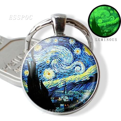 Van Gogh Keychain Starry Night Painting Glass Cabochon Key Rings Chain Retro Van Gogh Jewelry Glow In The Dark