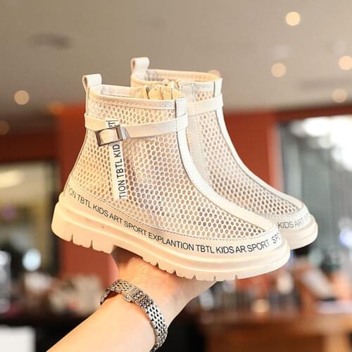 Kid Sandals Girls Hollow Out Mesh Ankle Boot Sandal Casual Summer Shoes 2021 Child Plat Heel Non-slip Zip Shoe 26-36 Black Pink
