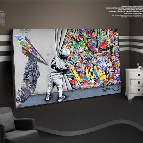 Graffiti Street Art Boy Behind The Curtain Wall Paintings Canvas Art Posters and Prints Modern Pop Pictures for Room Home Decor