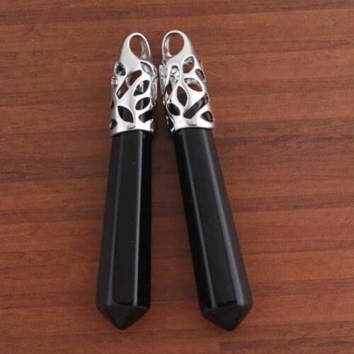 KFT Silver Plated Natural Black Onyx Agates Quartz Hexagon Prism Pendulum Stone Pendant Charm Jewelry