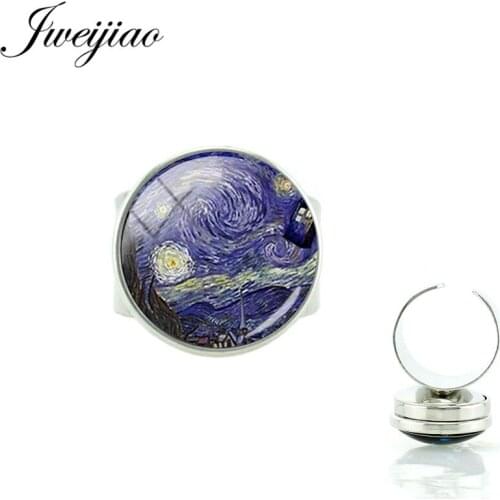 JWEIJIAO New Arrivals Snap Button Van Goghs paintings Ring Adjustable Size Glass Starry sky Art Picture Cabochon Rings NS387