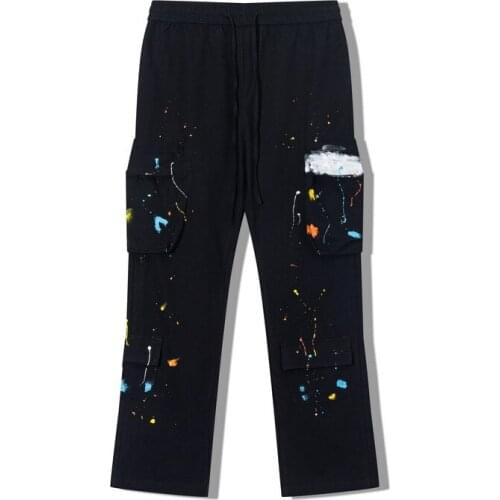 2021s New Splash Ink Print Multi Pocket Overalls Mens High Street Straight Leg Trousers Street Trend Slacks