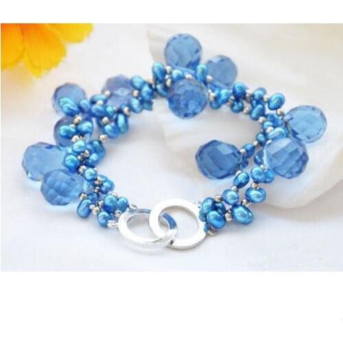 Charming Luck Pearl Jewellery,3rows 8inches Blue Rice Freshwater Pearl Faceted Drip Crystal Beads Bracelet