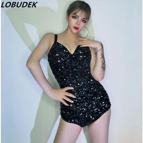 Glitter Black Red Sequins Sleeveless Sling Bodysuit Women DJ Nightclub Pole Dance Jazz Performance Clothes Sexy Stage Costume