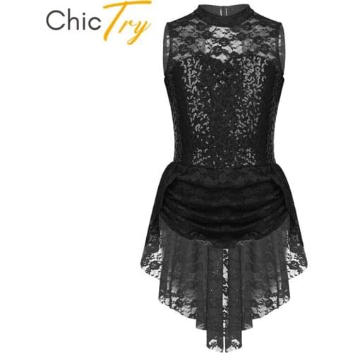 ChicTry Kids Sleeveless Sequins Floral Lace Ballet Gymnastics Leotard Girls Figure Skating Dress Stage Performance Dance Costume
