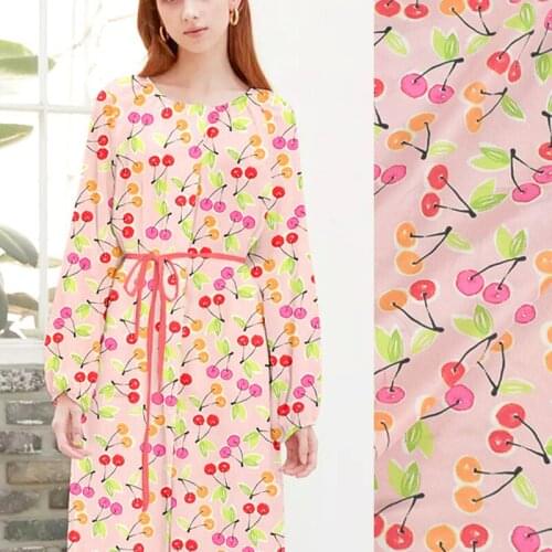 140CM 16MM Cherry Print Thin Pink Silk Crepe De Chine Fabric for Summer Dress Blouse Skirt Shirt Scarf Pants J039