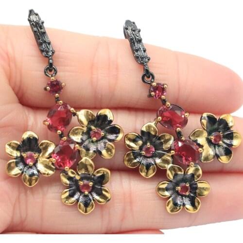 52x31mm Unique Gothic Handmade Carved Flowers Created Rhodolite Garnet Pink Kunzite Cool Black Gold Silver Earrings Eye Catching