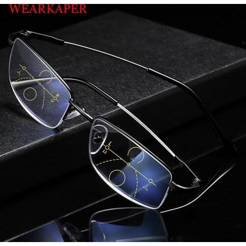 WEARKAPER Titanium Progressive Multifocal Glasses Men Memory Aolly Blue Light Reading Glasses Half Frame Prescription Eyeglasses