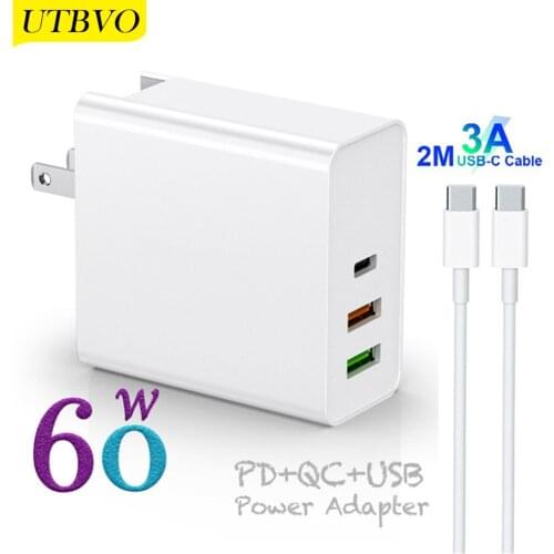 UTBVO 60W 3-Port Fast Charger with 30W Power Delivery 3.0 PD Foldable Wall Adapter for iPhone 12 Pro Max, iPad Pro, AirPods Pro