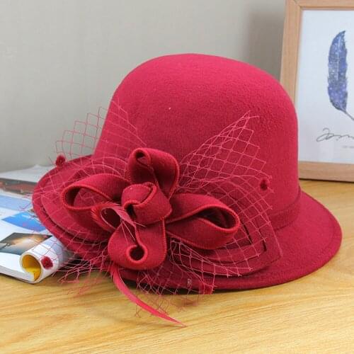 Autumn Winter Women Woolen Mesh Hats Flower Veil Hair Clips Retro Sun hat Ladies Elegant Prom Church Trimmed Bowler Top Cap