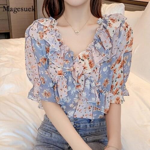 Elegant Ruffled Casual Loose Slim Fit Blouse Summer Floral Chiffon Shirt Women 2021 V-neck Short Sleeve New Tops Female 10131