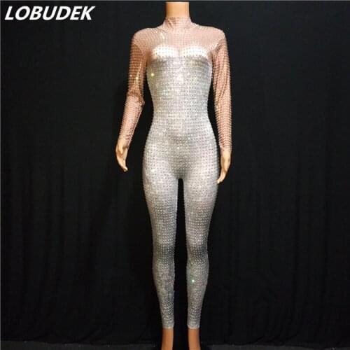 Full Rhinestones Silver Skinny Jumpsuit Sexy Women Nightclub Bar Party Stage Costume Prom Birthday Celebration Elastic Leotard