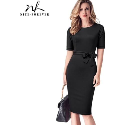 Nice-Forever Summer Women Elegant Work Office Green Dresses Business Vinatge Bodycon Slim Dress btyB606