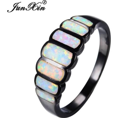 JUNXIN New Sale Geometric Design White Fire Opal Ring Black Gold Ring Vintage Wedding Rings For Women Fashion Jewelry