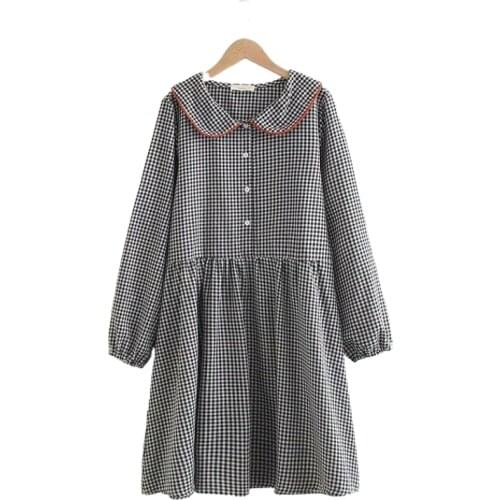 Mori Girl Sweet Dress Women Peter Pan Collar Plaid Dresses Kawaii Female Casual Mid-length long sleeve dress YUPINCIAGA