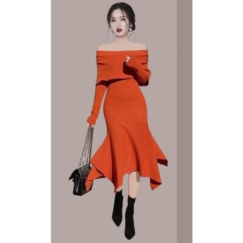 JSXDHK Chic Korean Women Sexy Off Shoulder Knitted Irregular Mermaid Dress Autumn Ruffles Slash Neck Red Bodycon Slim Midi Dress