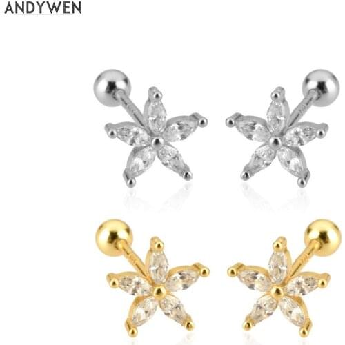 ANDYWEN 925 Sterling Silver Clear Zircon Five Ovals Flower Stud Earring Piercing Pendiente Tiny Wedding Crystal Rock Punk