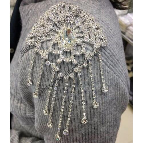 20pcs/lot wholesale shiny white rhinestone applique with stone tassel for shoulder accessory crystal applique for bridal wedding