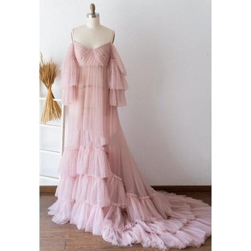 Maternity Shoot Women Dresses See Thru Robes vestido de festa Puffy Women Ruffles Robes Formal Dress Lace Up Tulle Tiered