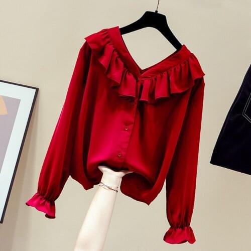 Long Sleeve Blouse Women Blusas Mujer De Moda 2021 Ruffles V-Neck Chiffon Blouse Shirt Tops Blusa Womens Tops And Blouses D889
