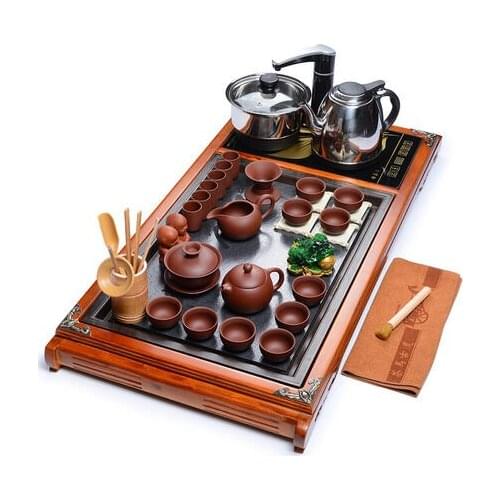Home Coffee table kung fu tea sets Zisha ceramic ice crack glass teapot cup set four in one Solid wood tea tray tea set