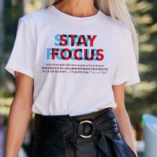 BLINGPAW Stay Focus Letter Print T-shirt Women White Cotton Unisex Top&Tees Summer Femme Custom Tee Shirts Slogan Tshirt