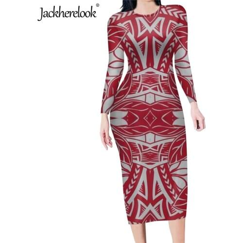 Jackherelook Red Polynesian Tattoo Print Womens Long Sleeve Slim Bodycon Dress Tunic Round Neck Casual Pencil Dresses Vestidos