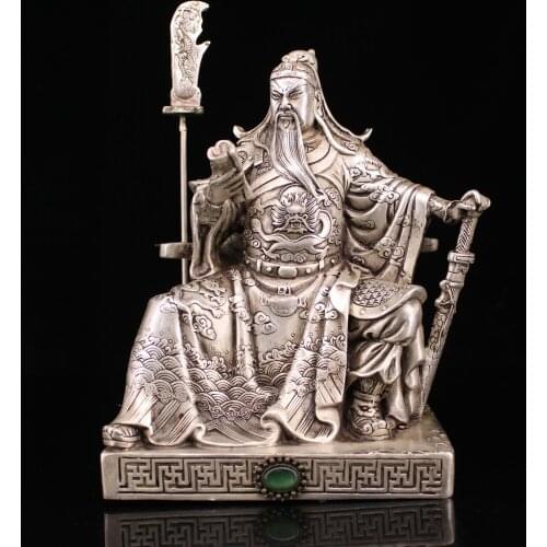 Wedding decoration white copper hand-made inlaid gem gilt silver reading Guan Gong Statue of God of War Guan Yu