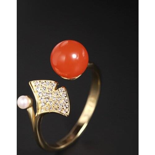 DAIMI Red South Agate Ring Natural Gemstones Genuine 925 Sterling Silver Pearl Ring