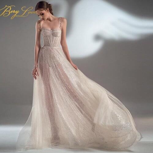 A Line Spaghetti Strap Prom dresses sweetheart Sequin Transparent Tulle Evening dress High Waist Long elegant dresses vestido