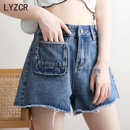 LYZCR Denim High Waist Womens Shorts Jeans Feminino Wide Leg Shorts for Women Fashion Pocket Zipper Denim Short Shorts Summer