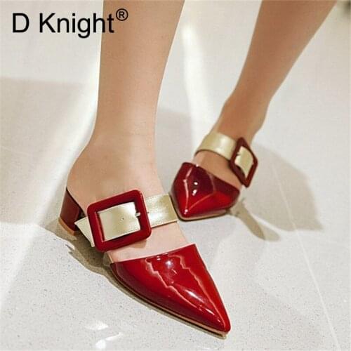 Big Size 34-48 Belt Buckle Women Mules Color Block Heels Pumps Women Shoes Patent Leather Serpentine Ladies Sandals White Shoes